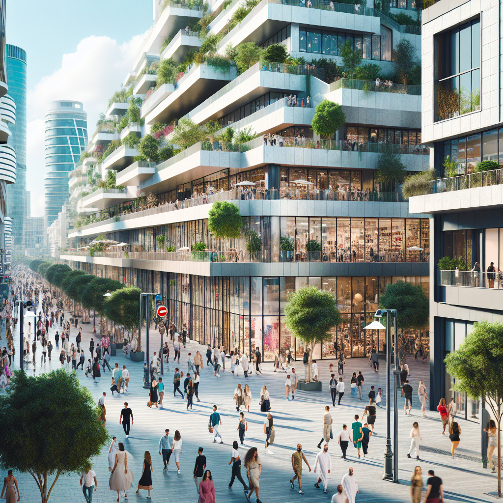 en livlig gate i Tel-Aviv om dagen, full av farger og med utsikt mot moderne arkitektur og grønne områder
