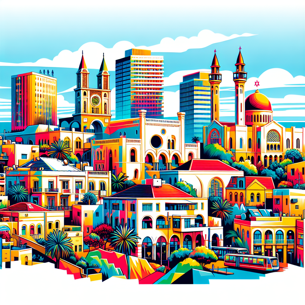 En levende og fargerik illustrasjon av Tel Avivs historiske landemerker, inkludert Jaffa, Bauhaus-bygninger, og etz Chaim Synagogen.