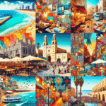 En livlig og fargerik collage som viser kombinasjonen av gammelt og nytt i Tel-Aviv: strender, markedet, gatekunst og historiske steder.
