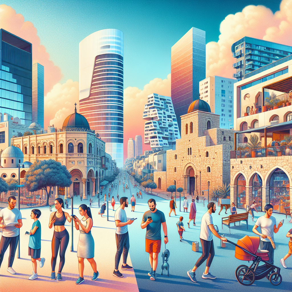 En livlig blanding av gamle og moderne elementer i Tel Aviv, med utsikt over historiske landemerker og moderne arkitektur