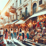 Fargerikt bilde av en livlig Tel Aviv-gate med små designbutikker, vintage-butikker og markedsboder, folk som handler, solfylt atmosfære