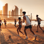 Aktive mennesker på Tel Avivs strand i gyllent lys: strandvolleyball, løpere langs promenade og byens skyline i bakgrunnen