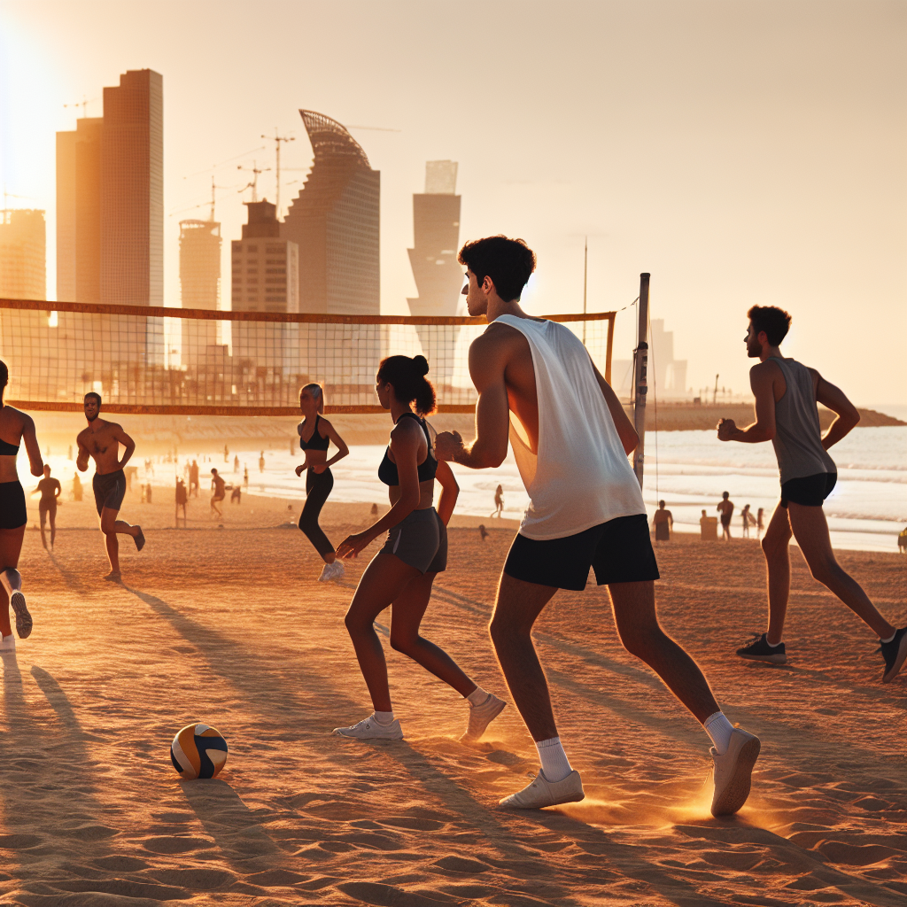 Aktive mennesker på Tel Avivs strand i gyllent lys: strandvolleyball, løpere langs promenade og byens skyline i bakgrunnen