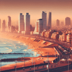Oversiktsbilde av Tel Aviv bylandskap ved daggry, med strand, syklister og moderne bygninger, varm fargepalett og urban følelse
