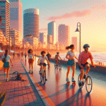 Solfylt Tel Aviv strandpromenade ved skumring, moderne bylandskap, syklister og gående, varme farger, høy detaljrikdom