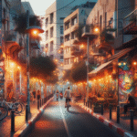 Stemningsfull gate i Tel Aviv ved skumring med kafeer, syklister og fargerik gatekunst, varm gyllen belysning, autentisk urbant preg