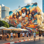 Fargerik gate i Tel Aviv med stor veggmaleri (gatekunst), folk som går og små kafeer i forgrunnen, varmt middelhavlys, moderne byscape i bakgrunnen