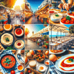 Fargerik collage av Tel Aviv-mat: gateboder, hummus, shakshuka, en moderne restaurantservering og Carmel Market i bakgrunnen, solrik middelhavsatmosfære