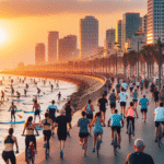 Folk som er aktive langs Tel Avivs promenade ved solnedgang: joggere, syklister og stand-up paddle på havet, moderne by og palmer i bakgrunnen