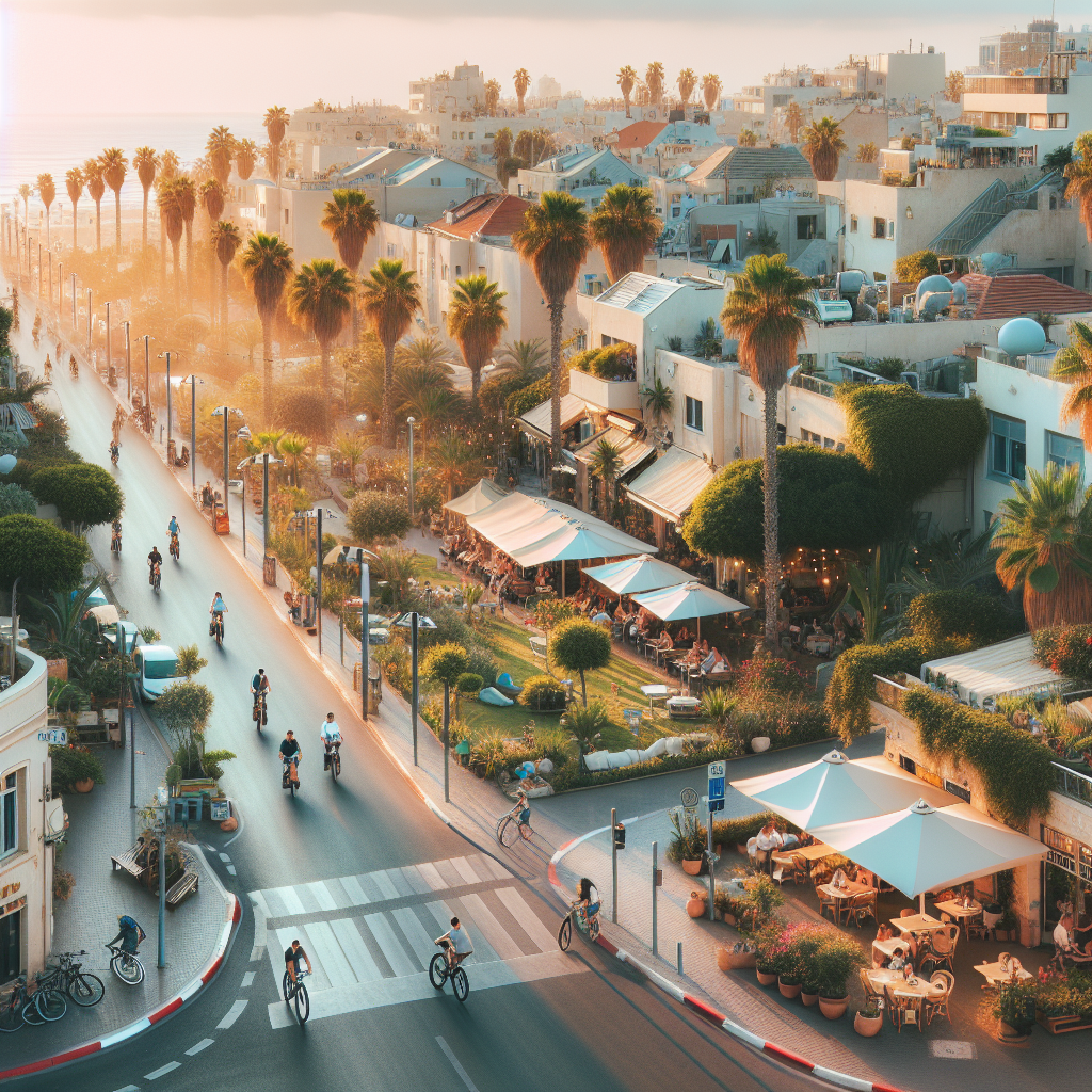 Oversiktsbilde av et rolig Tel Aviv-nabolag med en liten park, kafeer med uteservering, syklister og palmer ved mykt ettermiddagslys